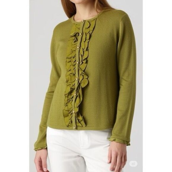 Ellen Tracy Cashmere Ruffle Button Front Cardigan Size S Green - Picture 1 of 9